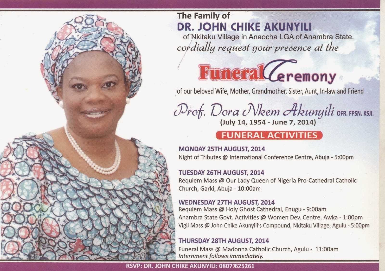 Funeral Invitation Card Of Prof Dora Nkem Akunyili Released Pertaining To Funeral Invitation Card Template