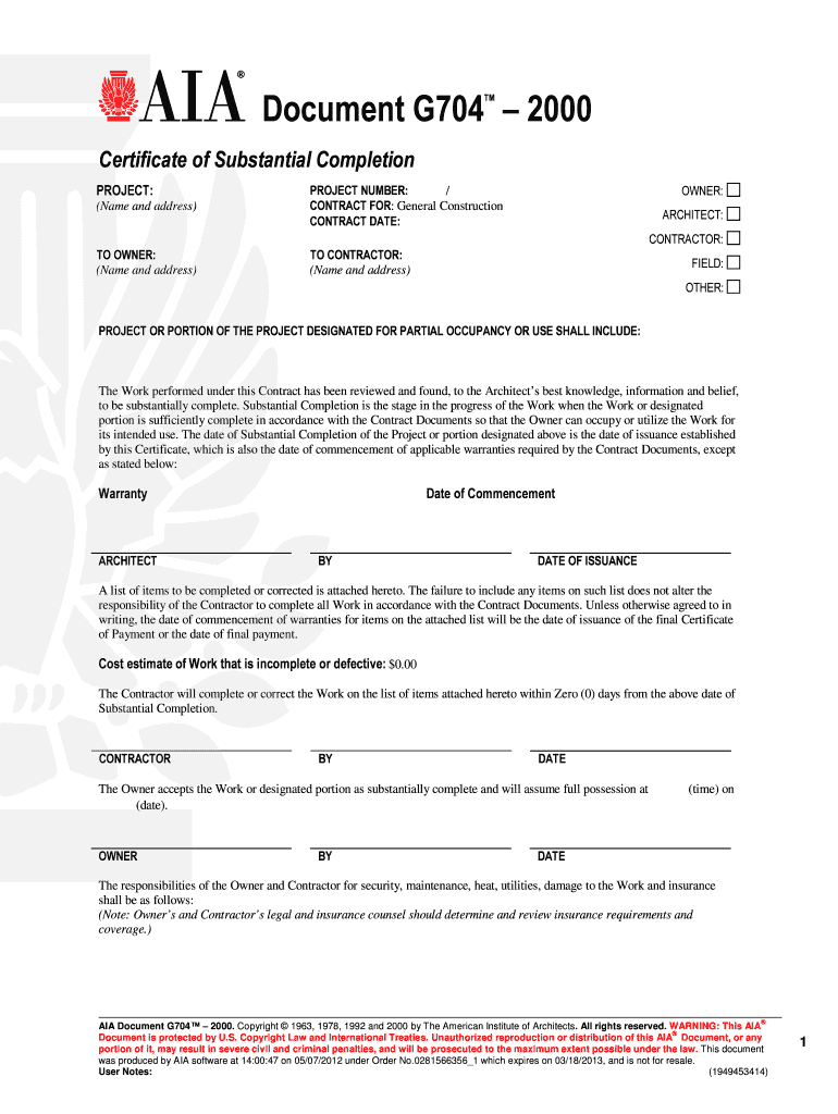 G704 – Fill Online, Printable, Fillable, Blank | Pdffiller Intended For Certificate Of Substantial Completion Template