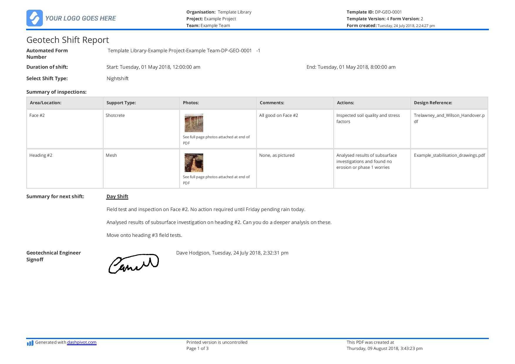 Geotech Shift Report Template: Use This Geotech Shift Report In Shift Report Template