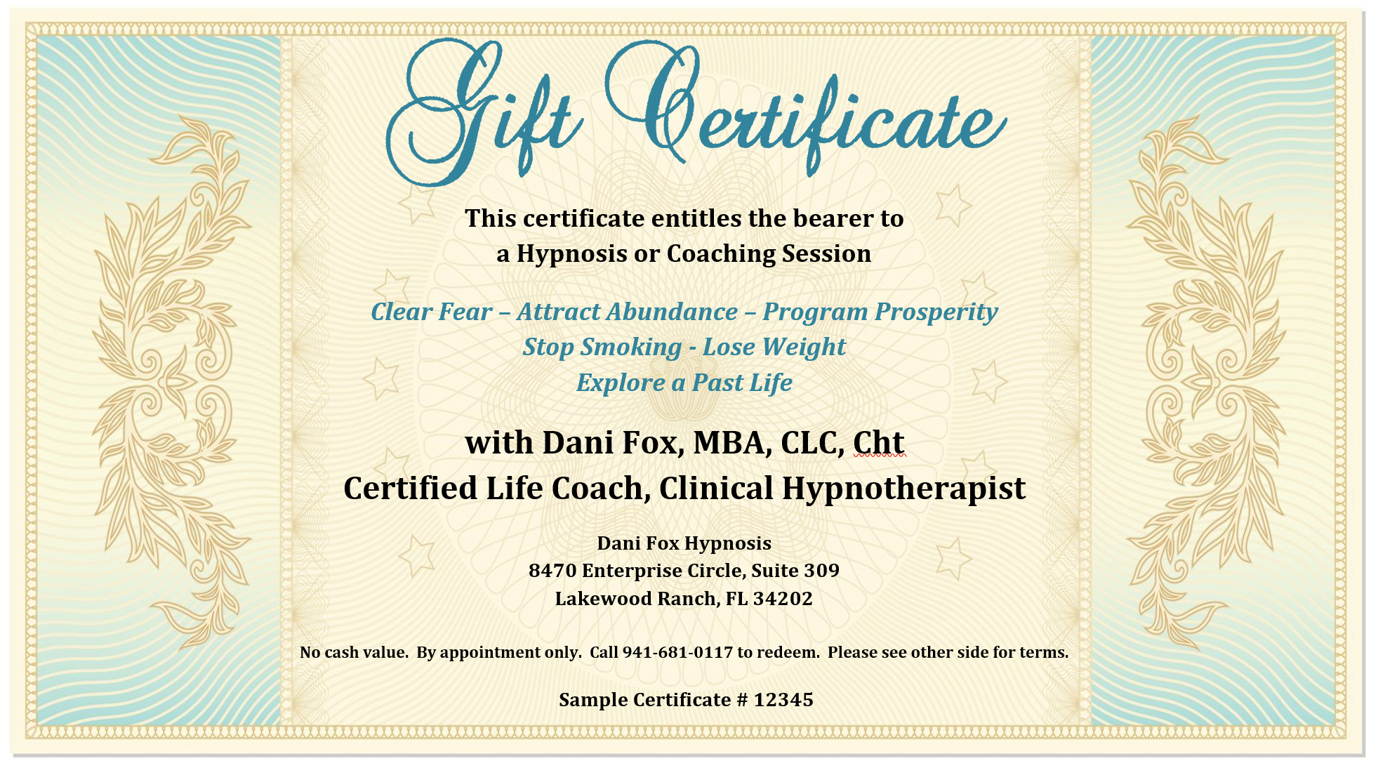 Gift Certificate – Dani Fox Hypnosis With Regard To Sample Regarding This Certificate Entitles The Bearer Template