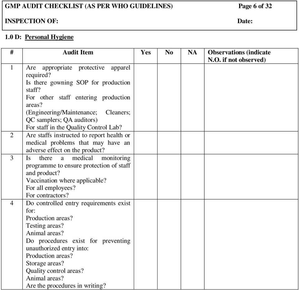 Gmp Audit Checklist (As Per Who Guidelines) Page 1 Of 32 In Gmp Audit Report Template