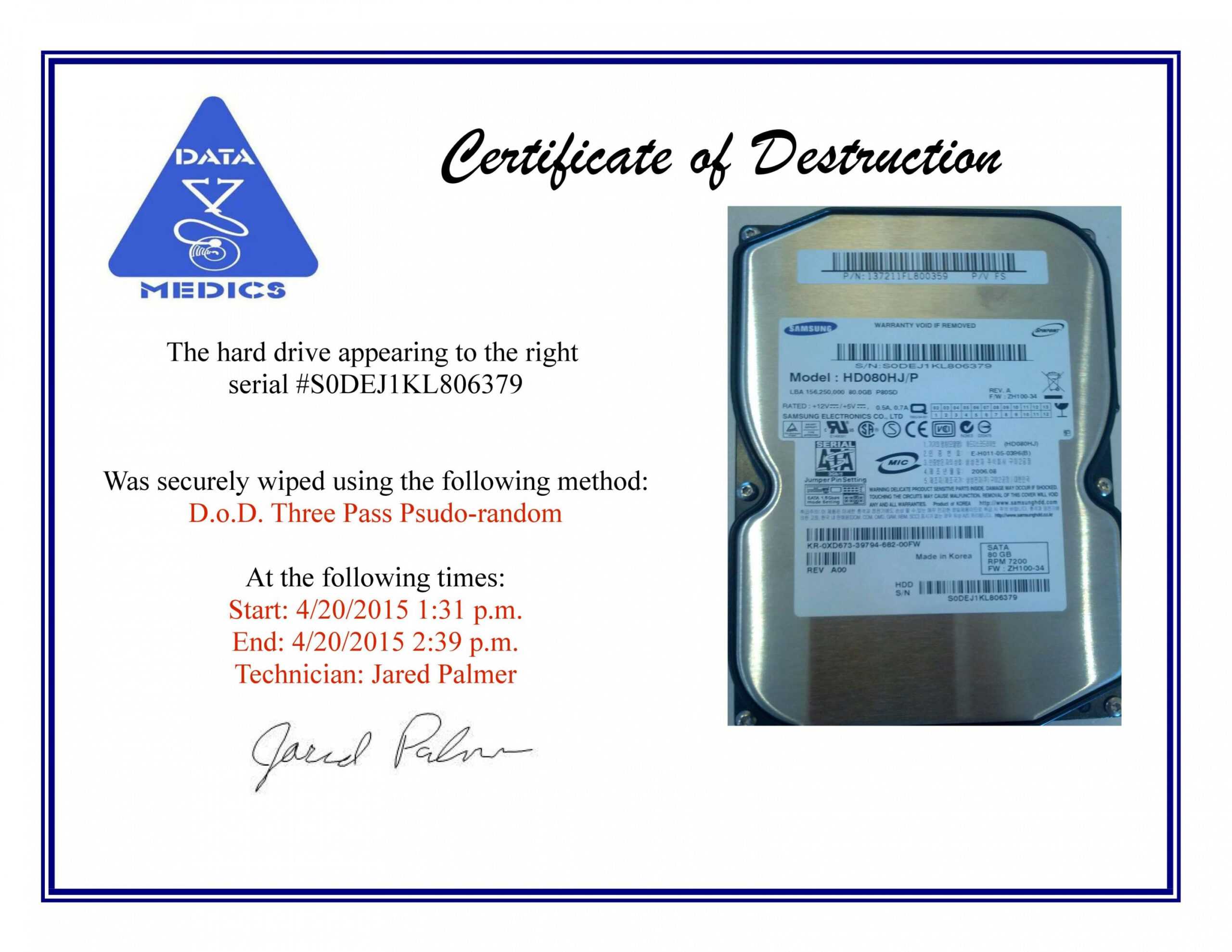 Hard Drive Destruction Certificate Template Intended For Hard Drive Destruction Certificate Template