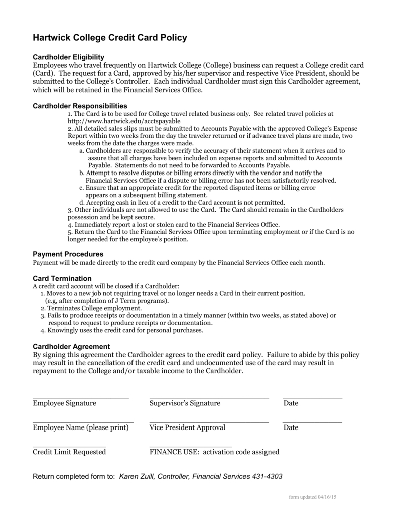 Hartwick College Credit Card Policy Pertaining To Corporate Credit Card Agreement Template
