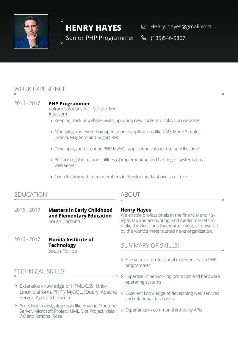 Henry Hayes – Web Developer Resume Template #64898 Pertaining To Hayes Certificate Templates