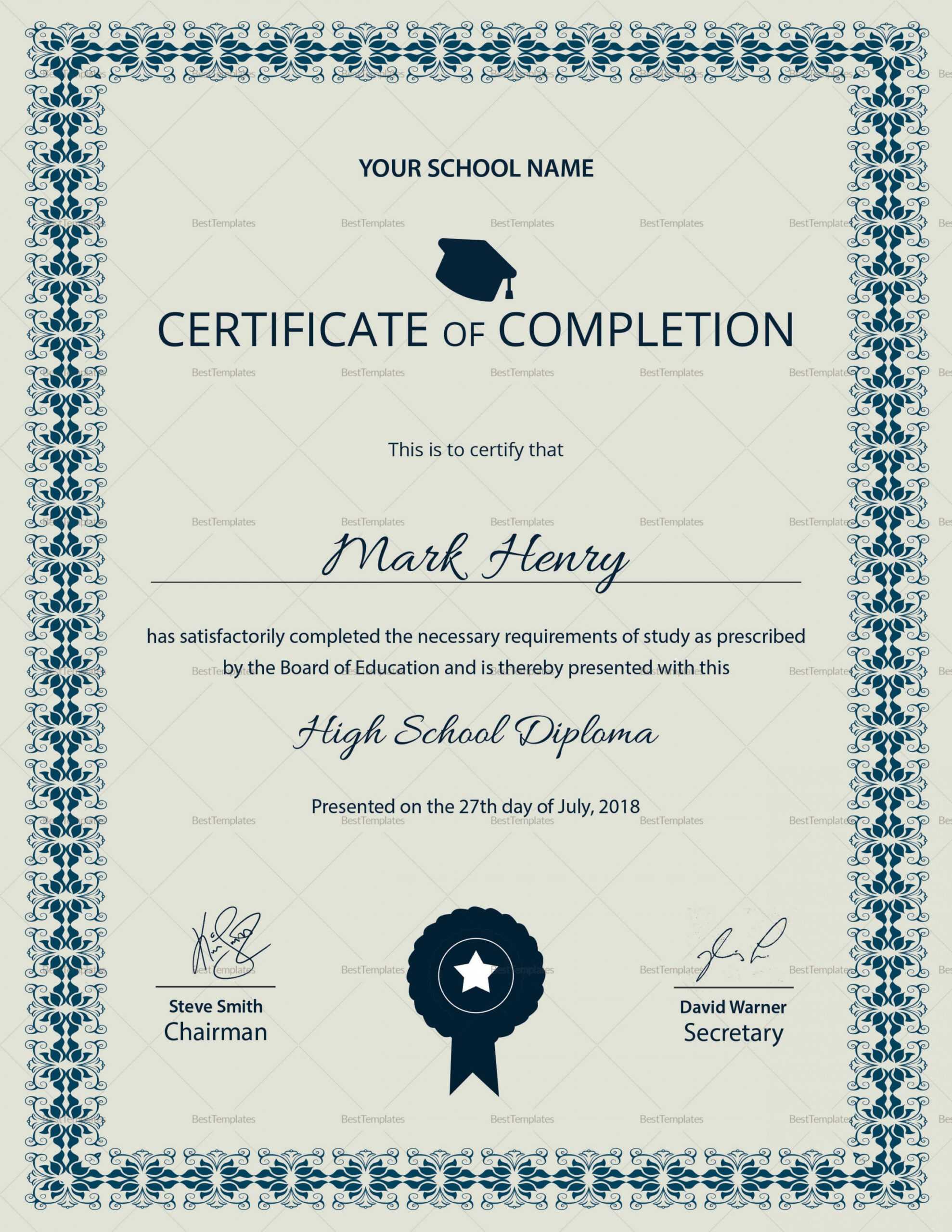 High School Diploma Completion Certificate Design Template Inside Certificate Templates For School