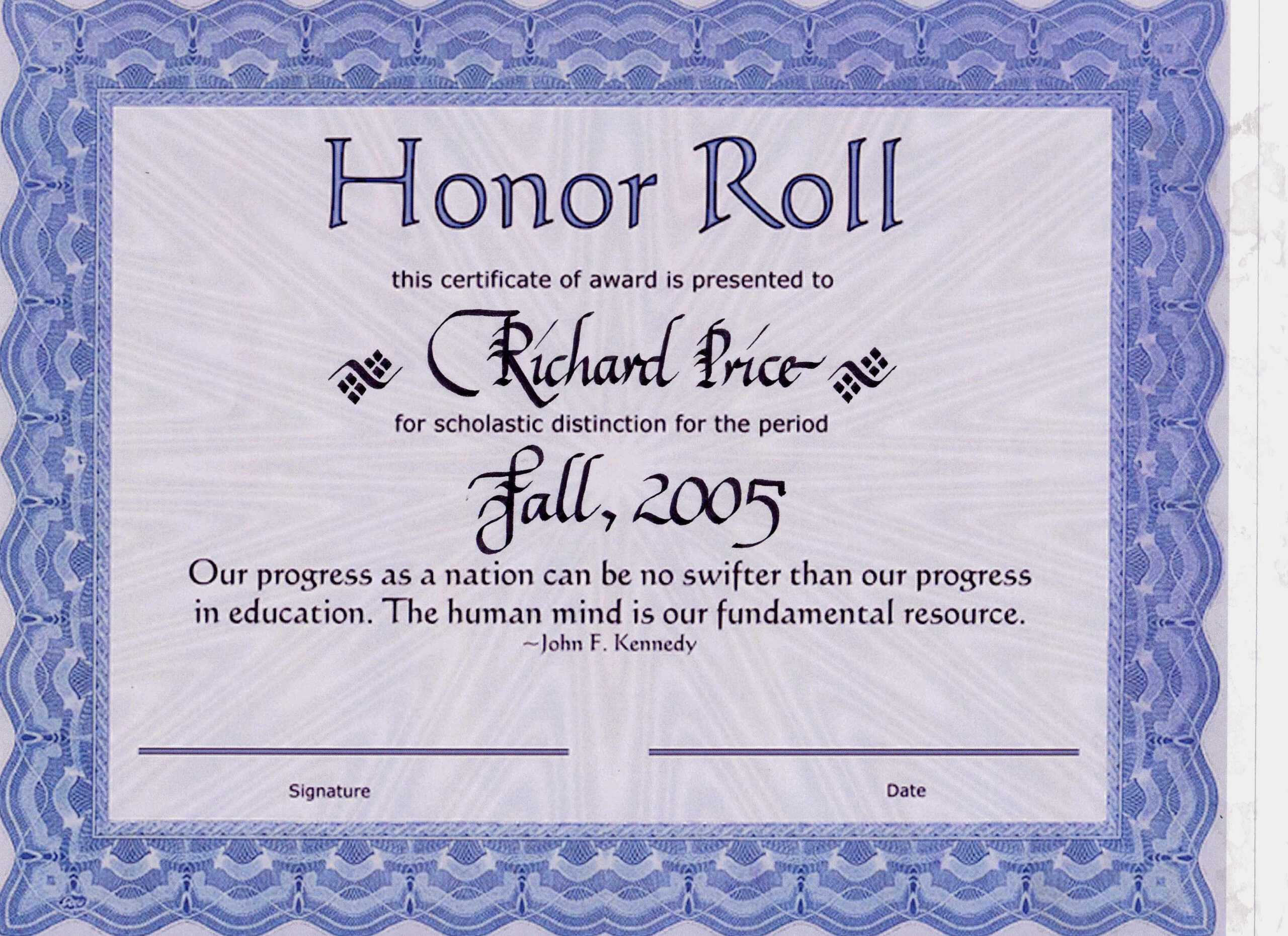 Honor Roll Templates. Honor Roll Certificate Templates A In Honor Roll Certificate Template