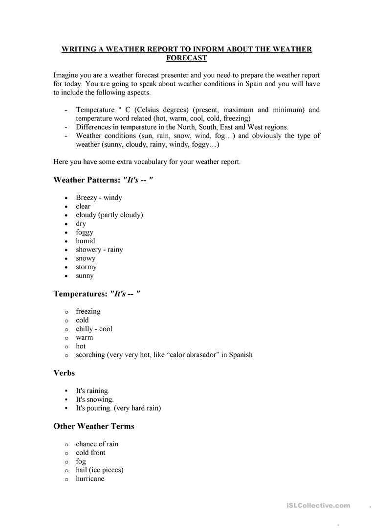 How To Write A Weather Report – English Esl Worksheets Pertaining To Kids Weather Report Template