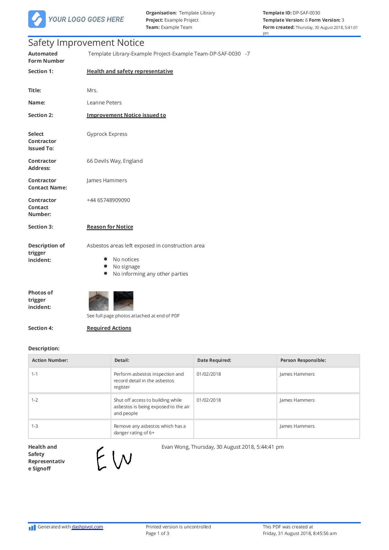 Hse Improvement Notice Example: Free To Use And Editable In Hse Report Template