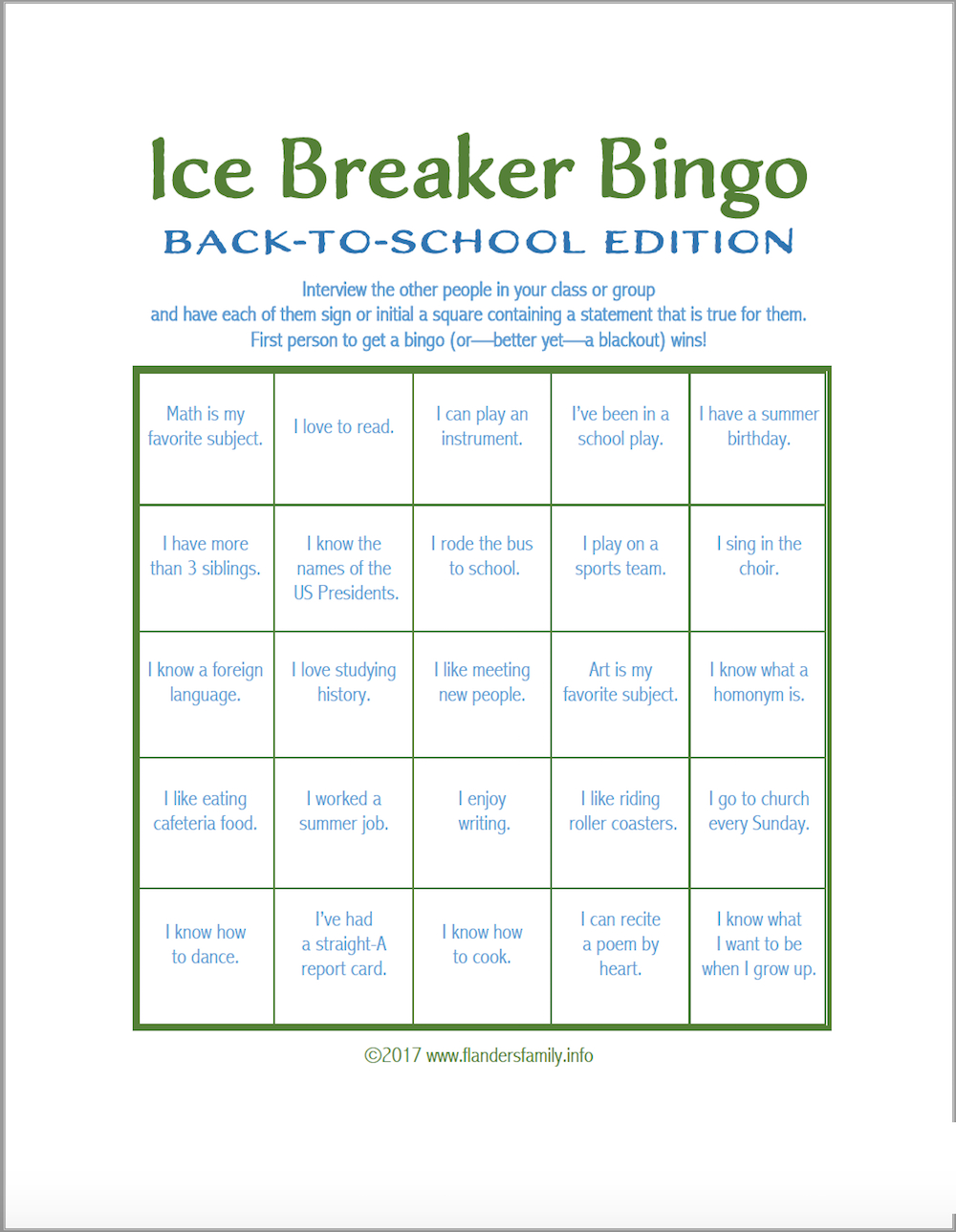 Ice Breaker Bingo: Back To School Version – Flanders Family Inside Ice Breaker Bingo Card Template