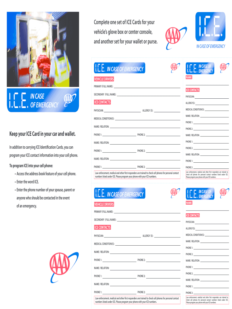 Ice Cards – Fill Online, Printable, Fillable, Blank | Pdffiller Inside In Case Of Emergency Card Template