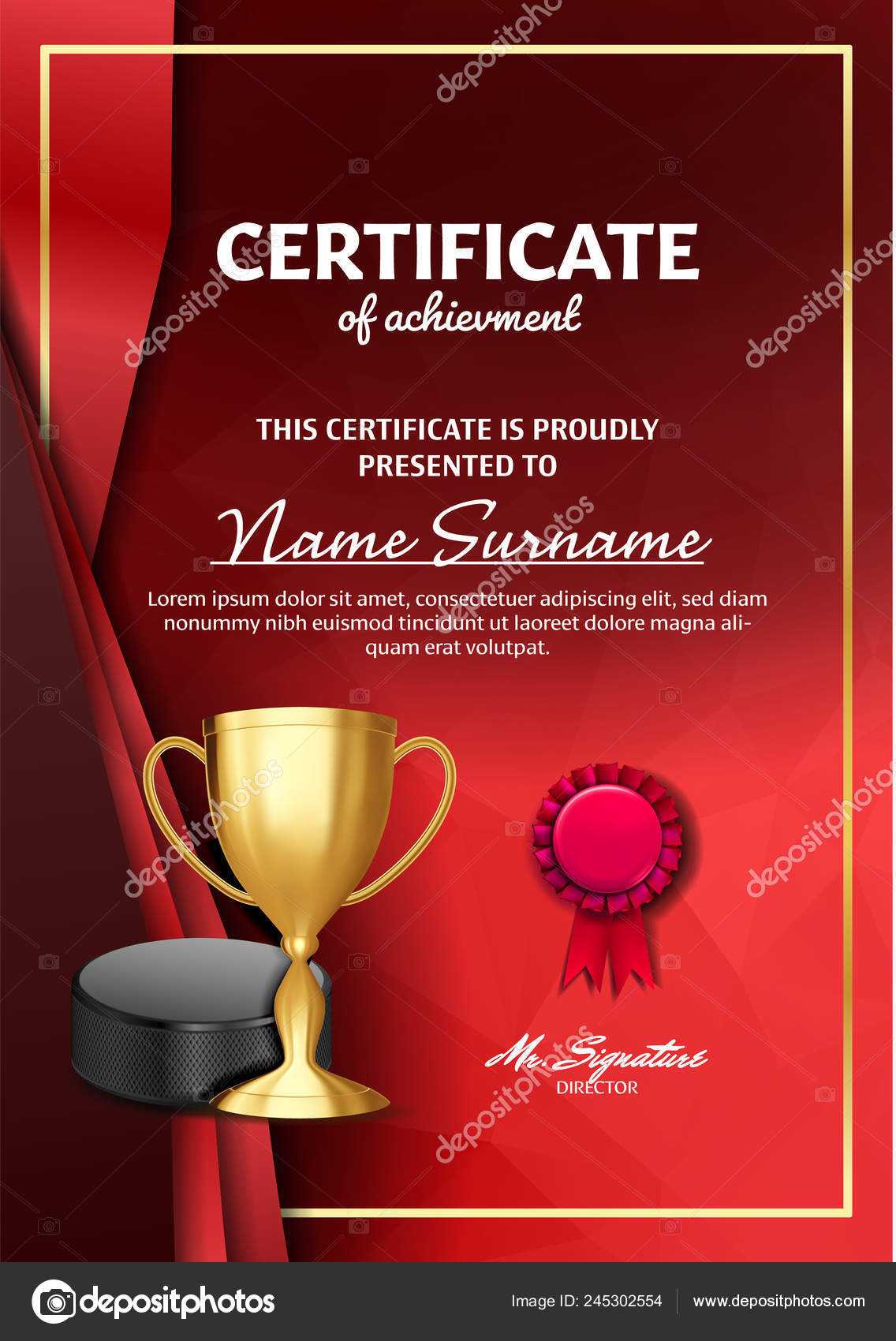 Ice Hockey Certificate Diploma With Golden Cup Vector. Sport Throughout Hockey Certificate Templates