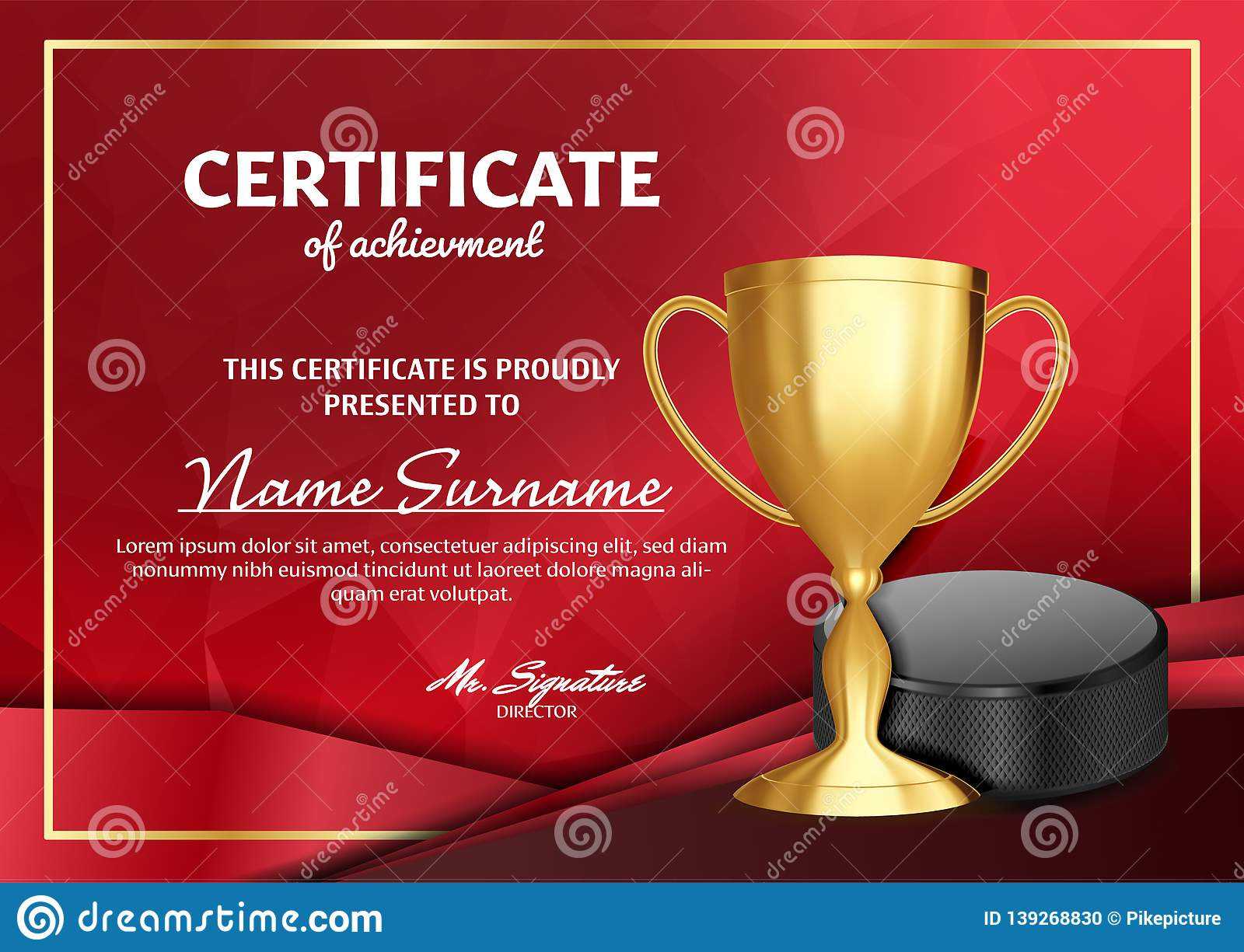 Ice Hockey Certificate Diploma With Golden Cup Vector. Sport With Hockey Certificate Templates