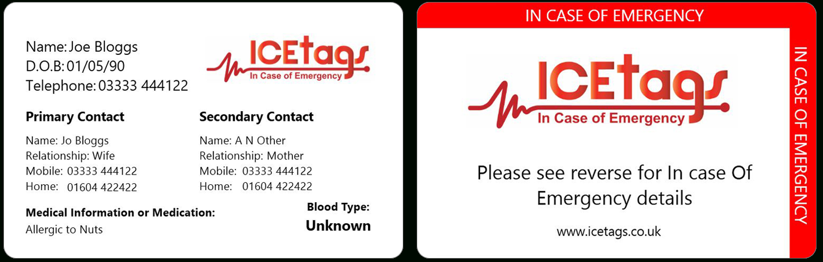 Ice Wallet Card | Full Size Icetags | Free Uk Delivery Throughout In Case Of Emergency Card Template