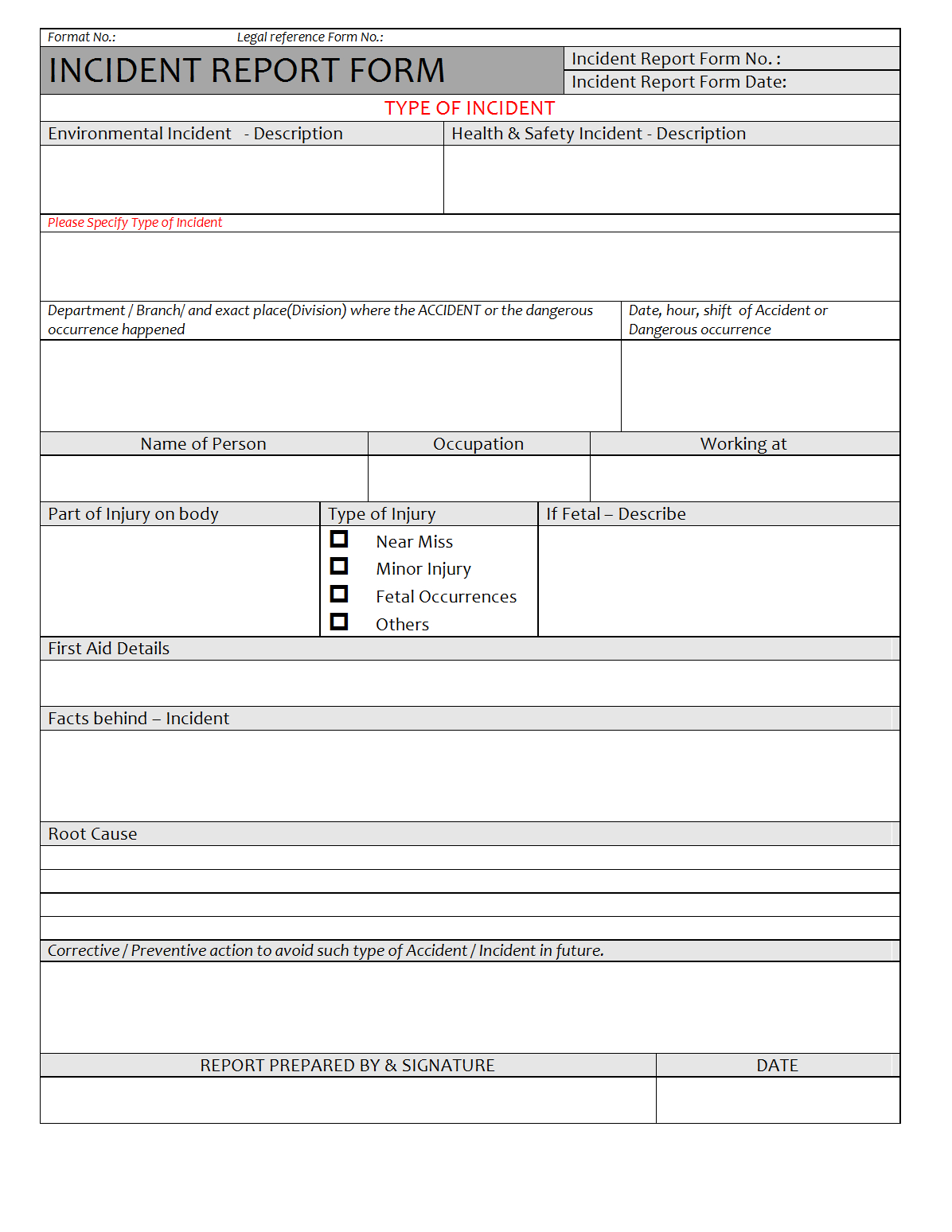 Incident Report Form – For First Aid Incident Report Form Template