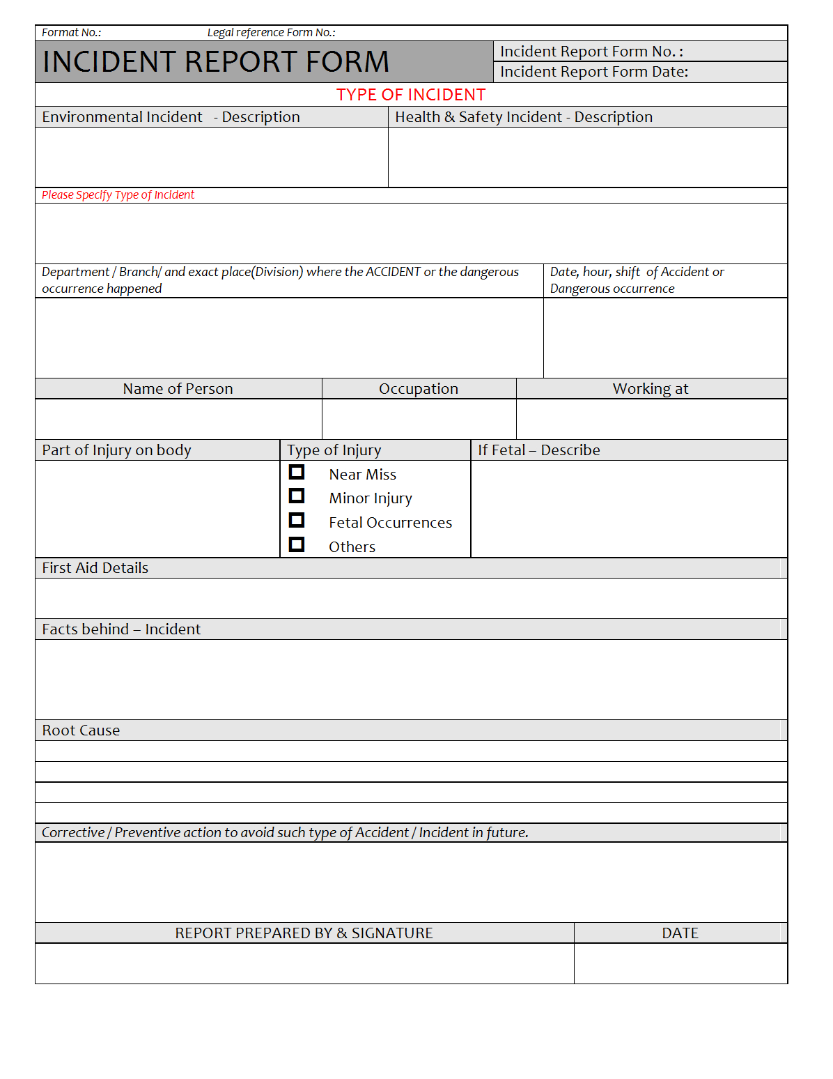 Incident Report Form – Pertaining To Incident Report Register Template