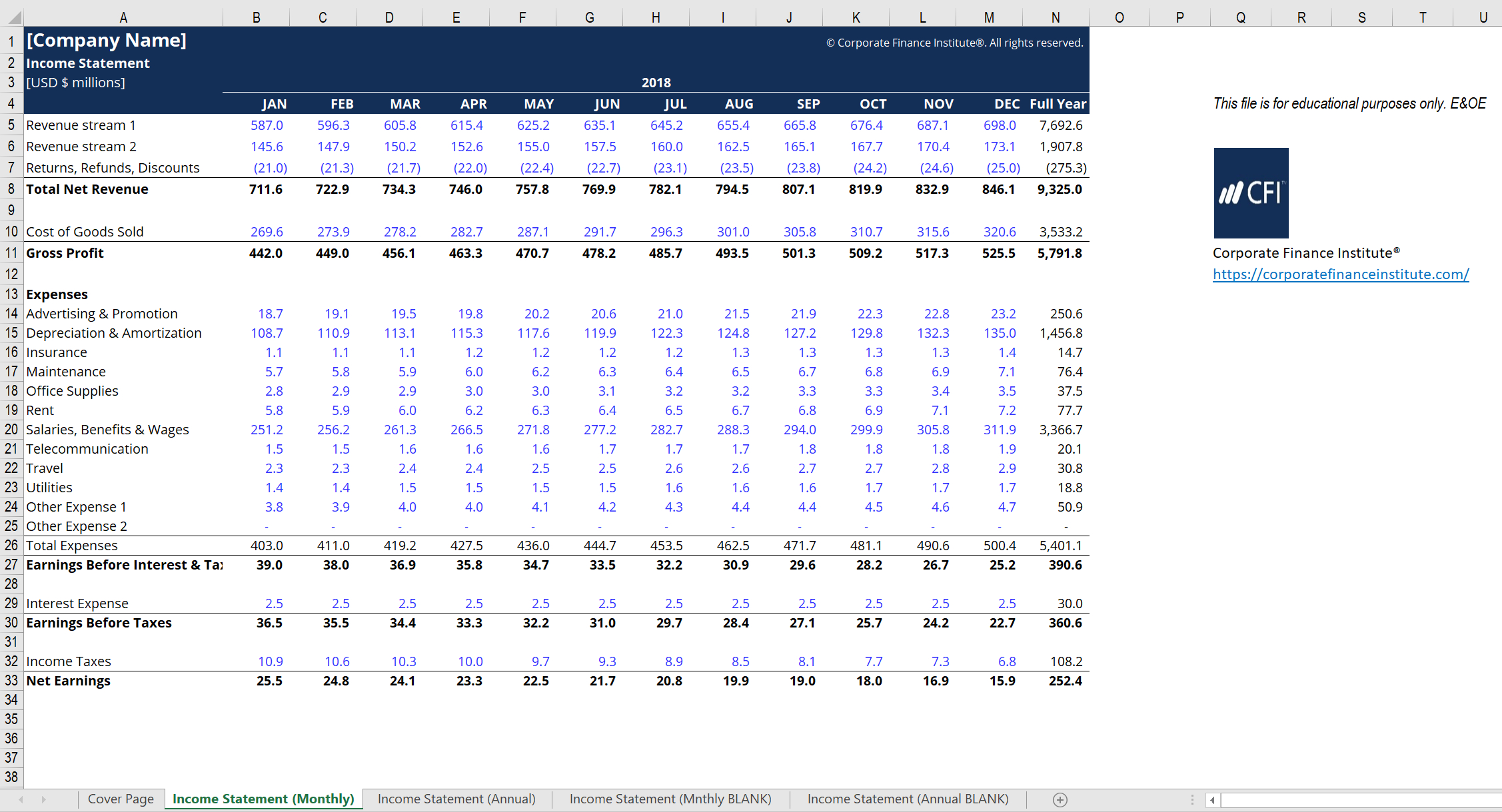 Income Statement Excel Model Template – Cfi Marketplace Intended For Financial Reporting Templates In Excel