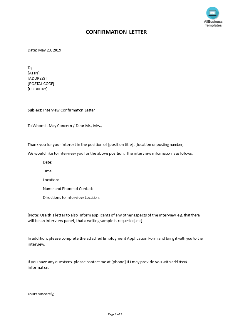 Job Interview Confirmation Letter | Templates At Regarding Employment Application Template Microsoft Word