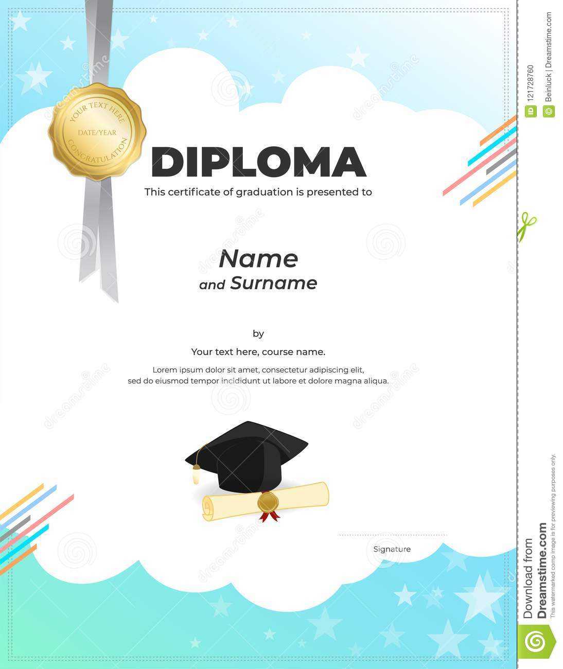 Kids Diploma Or Certificate Template With Colorful Within Preschool Graduation Certificate Template Free