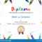 Kids Diploma Or Certificate Template With Painting Stuff Throughout Preschool Graduation Certificate Template Free