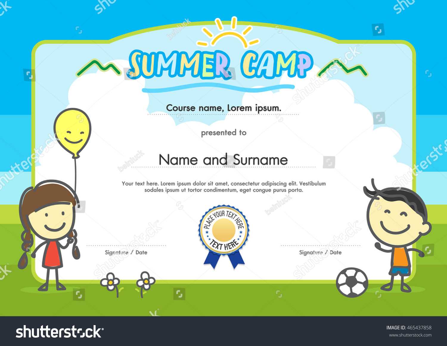 Kids Summer Camp Certificate Document Template Stock Image Pertaining To Summer Camp Certificate Template