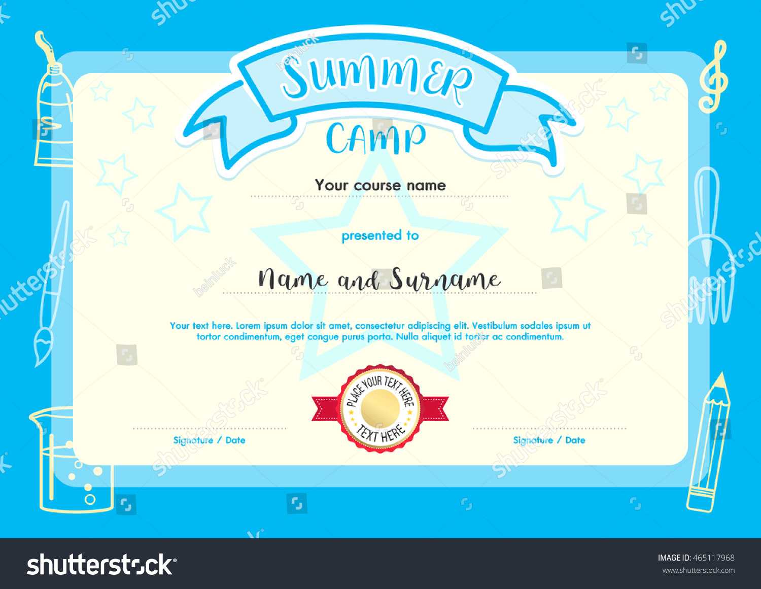 Kids Summer Camp Document Certificate Template Stock Vector Throughout Summer Camp Certificate Template