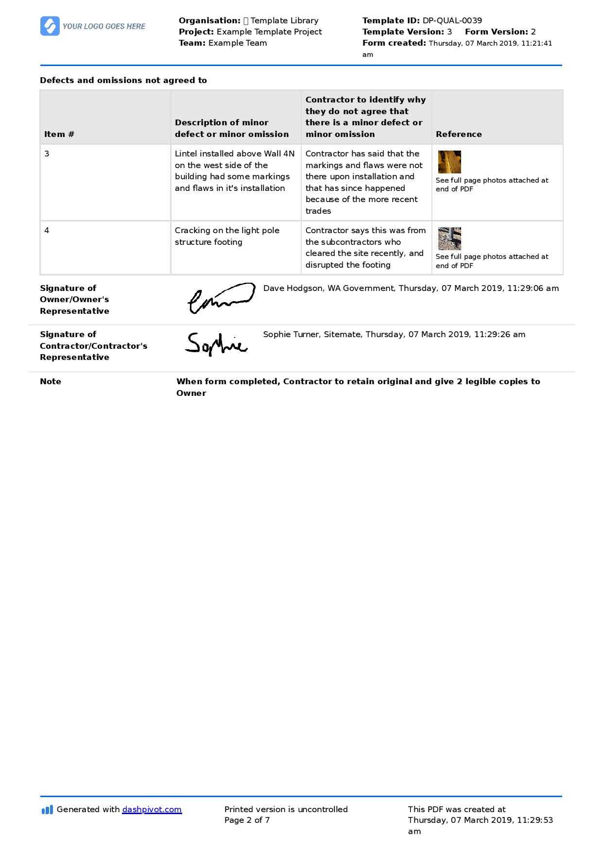 Letter To Contractor For Defective Work: Sample Letter And Intended For Construction Deficiency Report Template