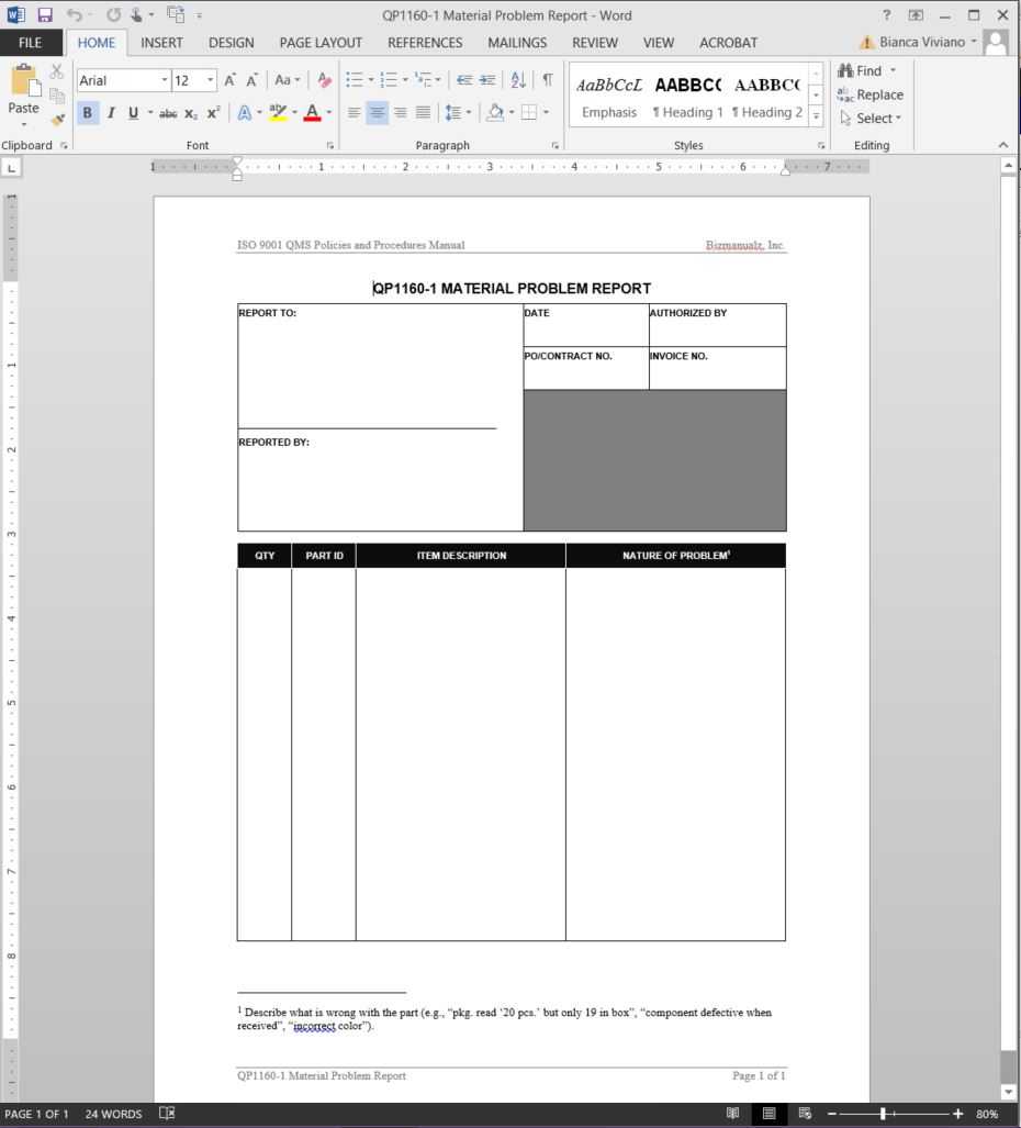 Material Problem Report Iso Template | Qp1160 1 In Software Problem Report Template