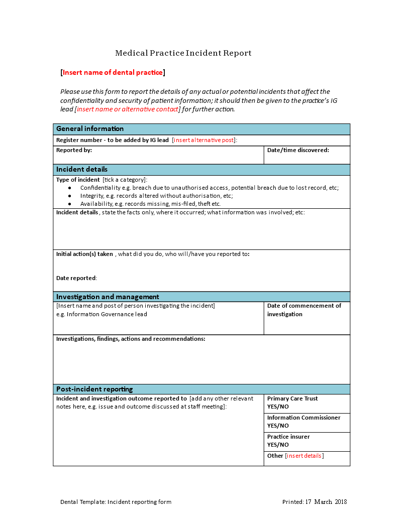 Medical Practice Incident Report | Templates At With Regard To Medical Report Template Doc