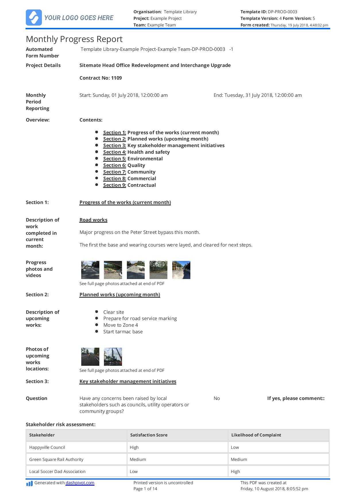 Monthly Construction Progress Report Template: Use This Regarding Daily Status Report Template Software Development