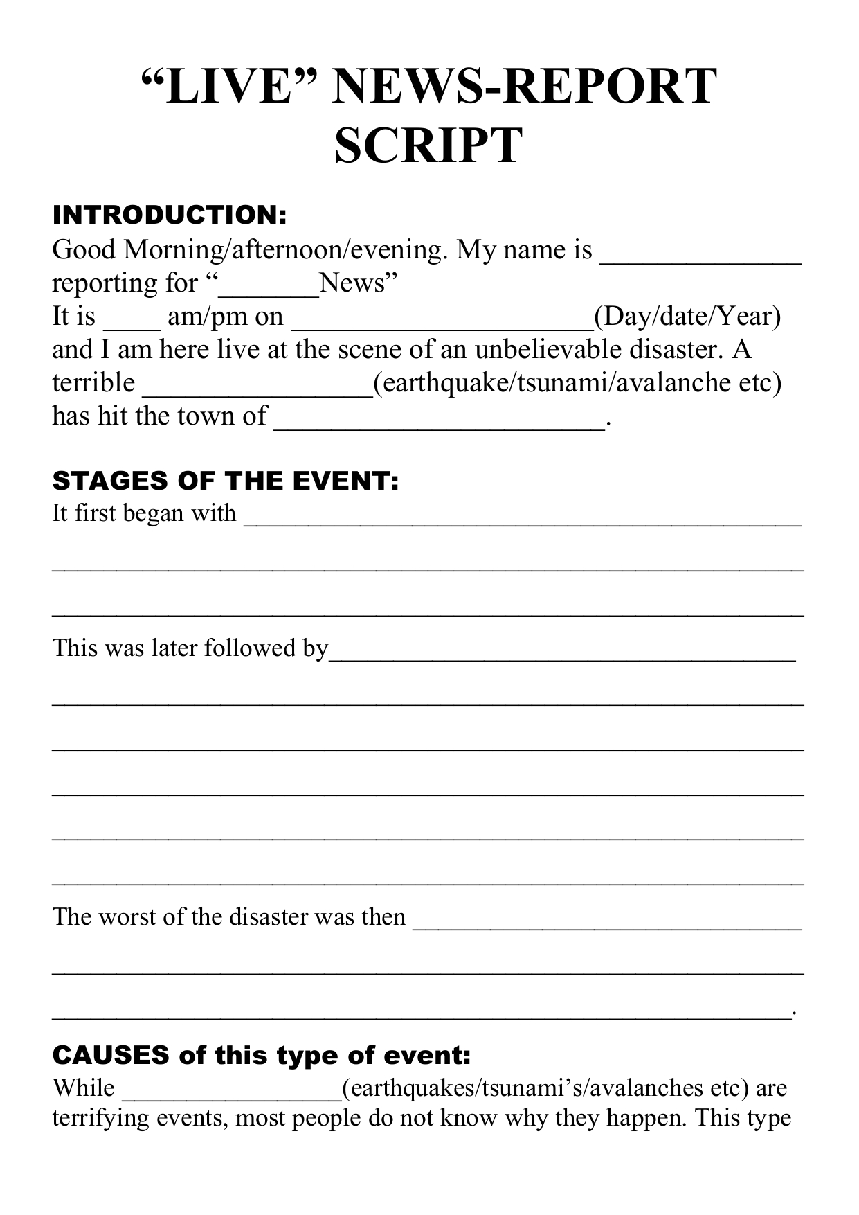 Natural Disaster - Live Newsreport Script Template With Regard To News Report Template