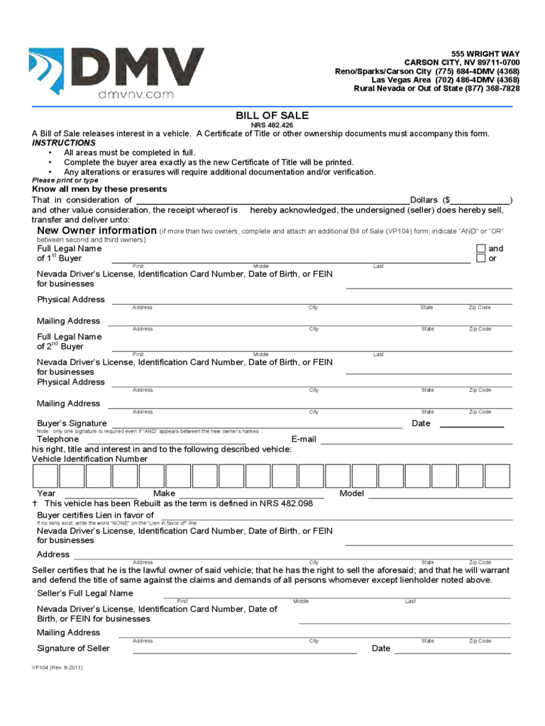 Nevada Bill Of Sale Form – Free Templates In Pdf, Word With Certificate Of Origin For A Vehicle Template