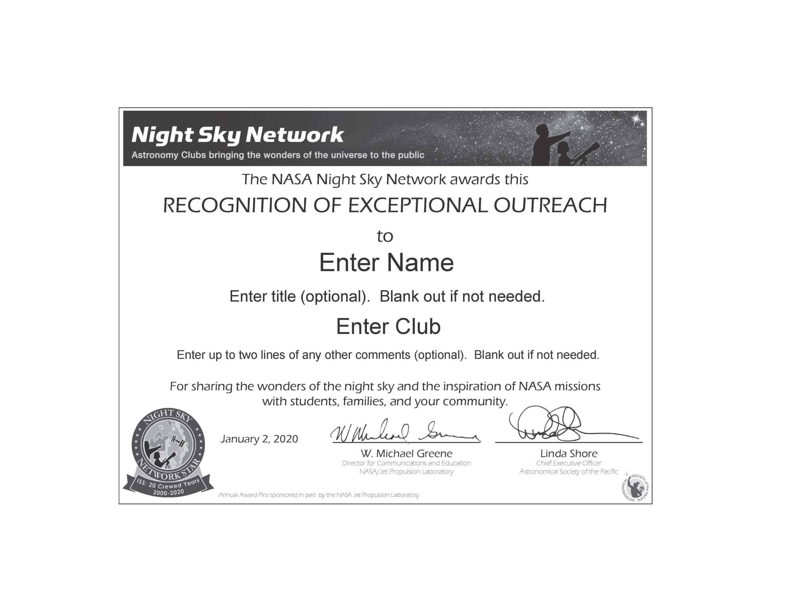 Nsn Astronomy Outreach Award Certificate: Honor Service Regarding Borderless Certificate Templates