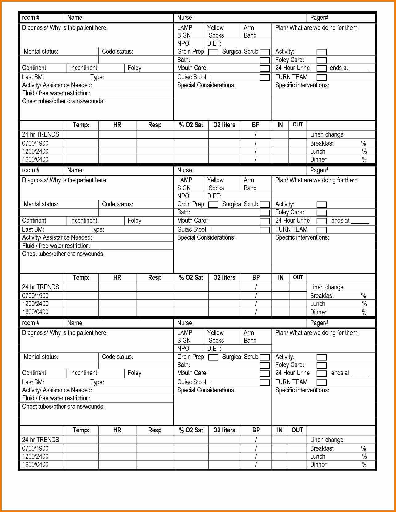 Nursing Shift Report Forms Nurse Form Change Example Sheet For Charge Nurse Report Sheet Template