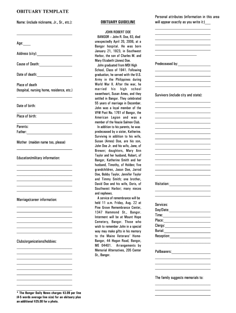 Obituary Template – Fill Online, Printable, Fillable, Blank With Fill In The Blank Obituary Template