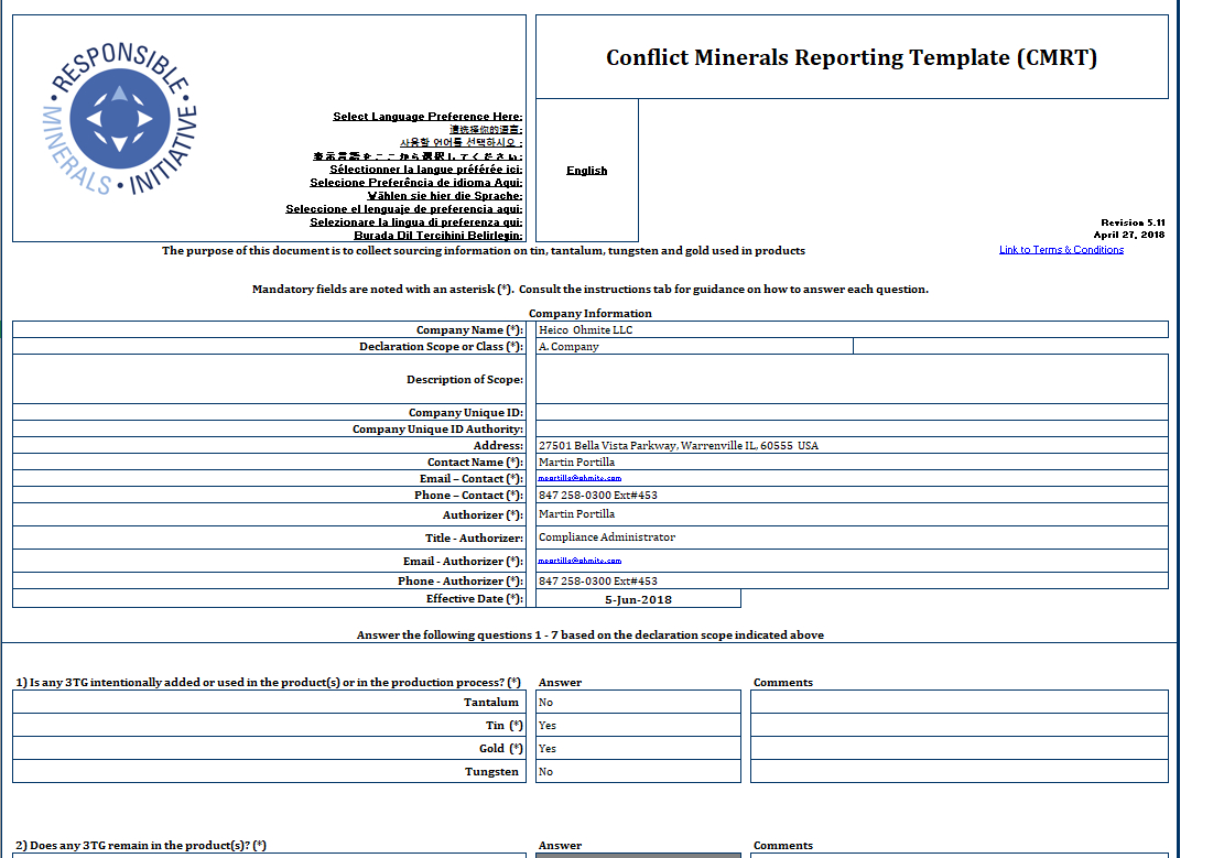 Ohmite – Conflict Minerals Reporting Template (Cmrt) – Rell Intended For Conflict Minerals Reporting Template