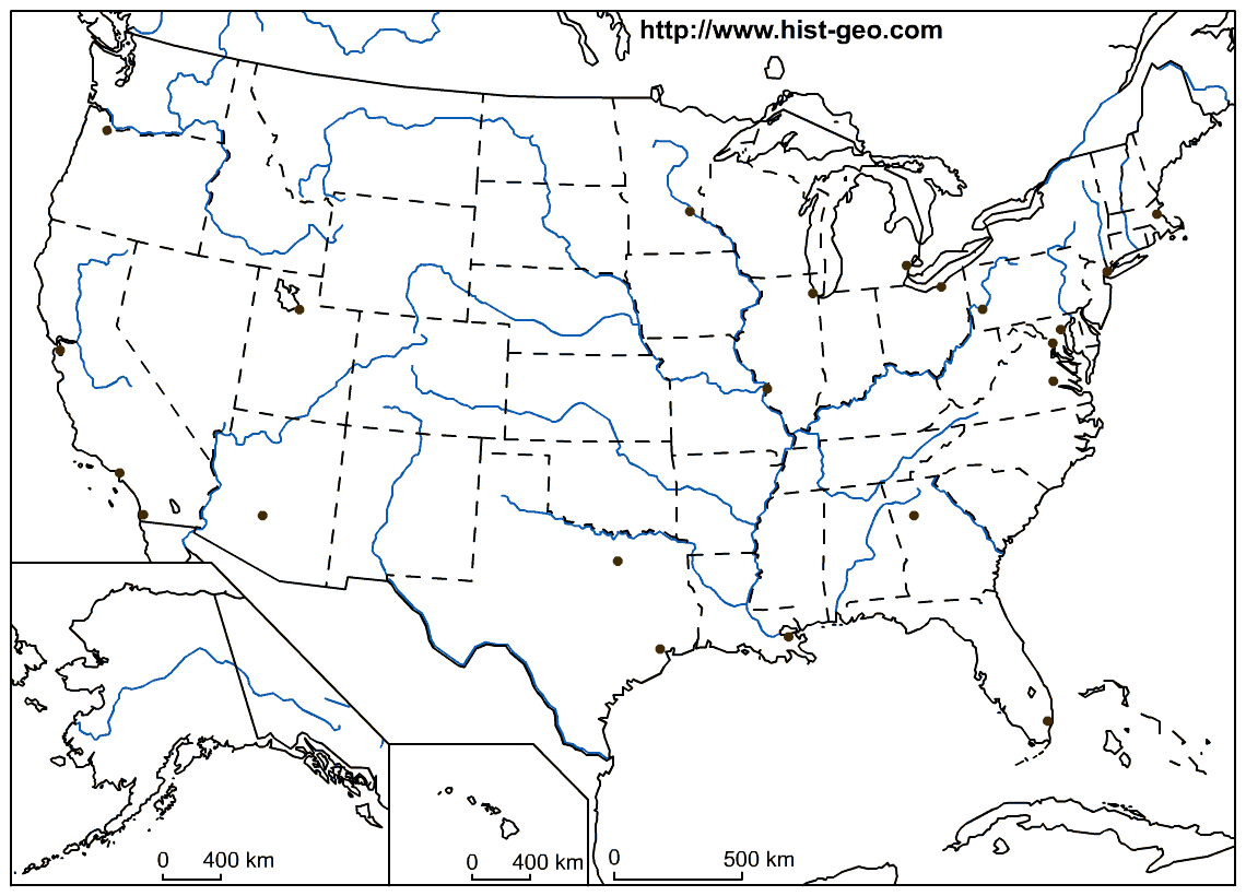 Outline Map Of The 50 Us States With Main Cities And Rivers For United States Map Template Blank