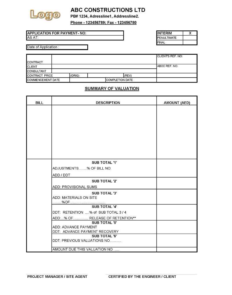 Payment Application Format For Construction Companies For Certificate Of Payment Template