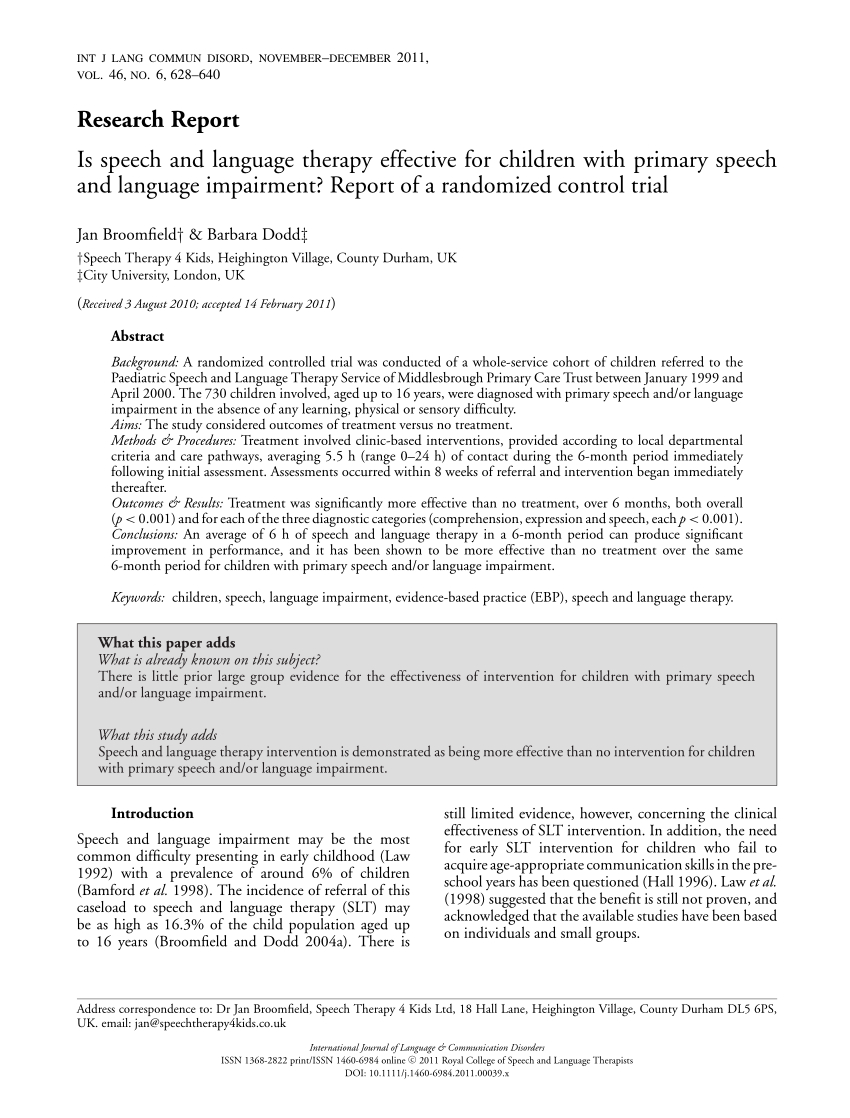 Pdf) Is Speech And Language Therapy Effective For Children Intended For Speech And Language Report Template