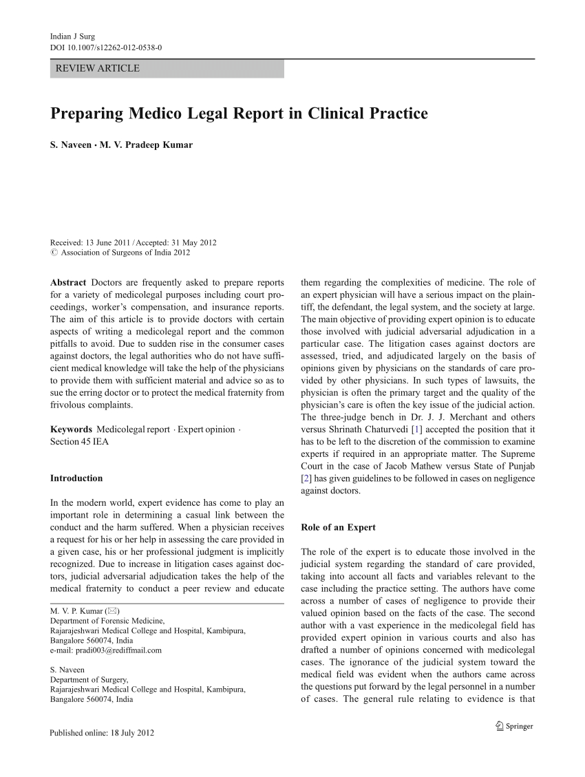 Pdf) Preparing Medico Legal Report In Clinical Practice For Medical Legal Report Template