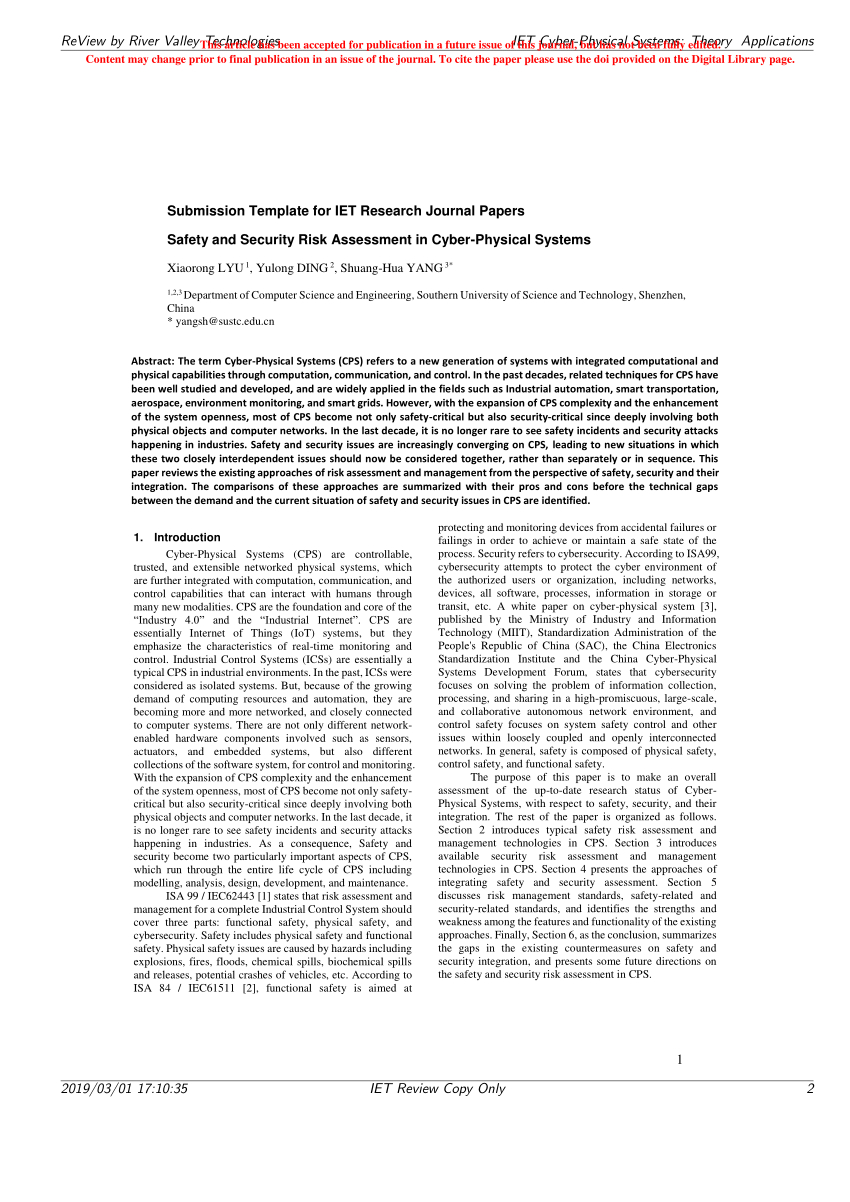 Pdf) Safety And Security Risk Assessment In Cyber Physical For Physical Security Risk Assessment Report Template