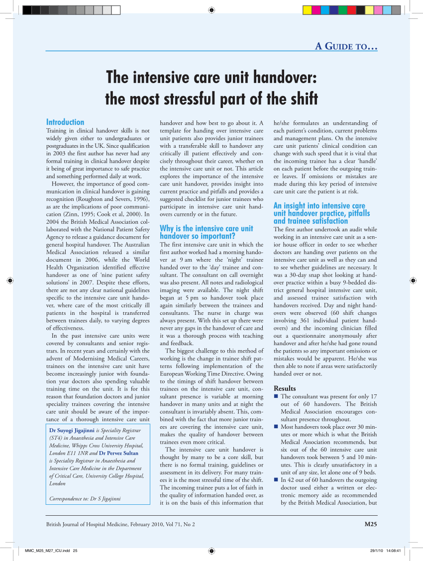 Pdf) The Intensive Care Unit Handover: The Most Stressful Within Icu Report Template