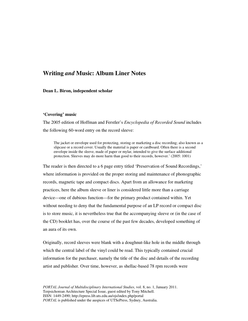 Pdf) Writing And Music: Album Liner Notes Intended For Cd Liner Notes Template Word