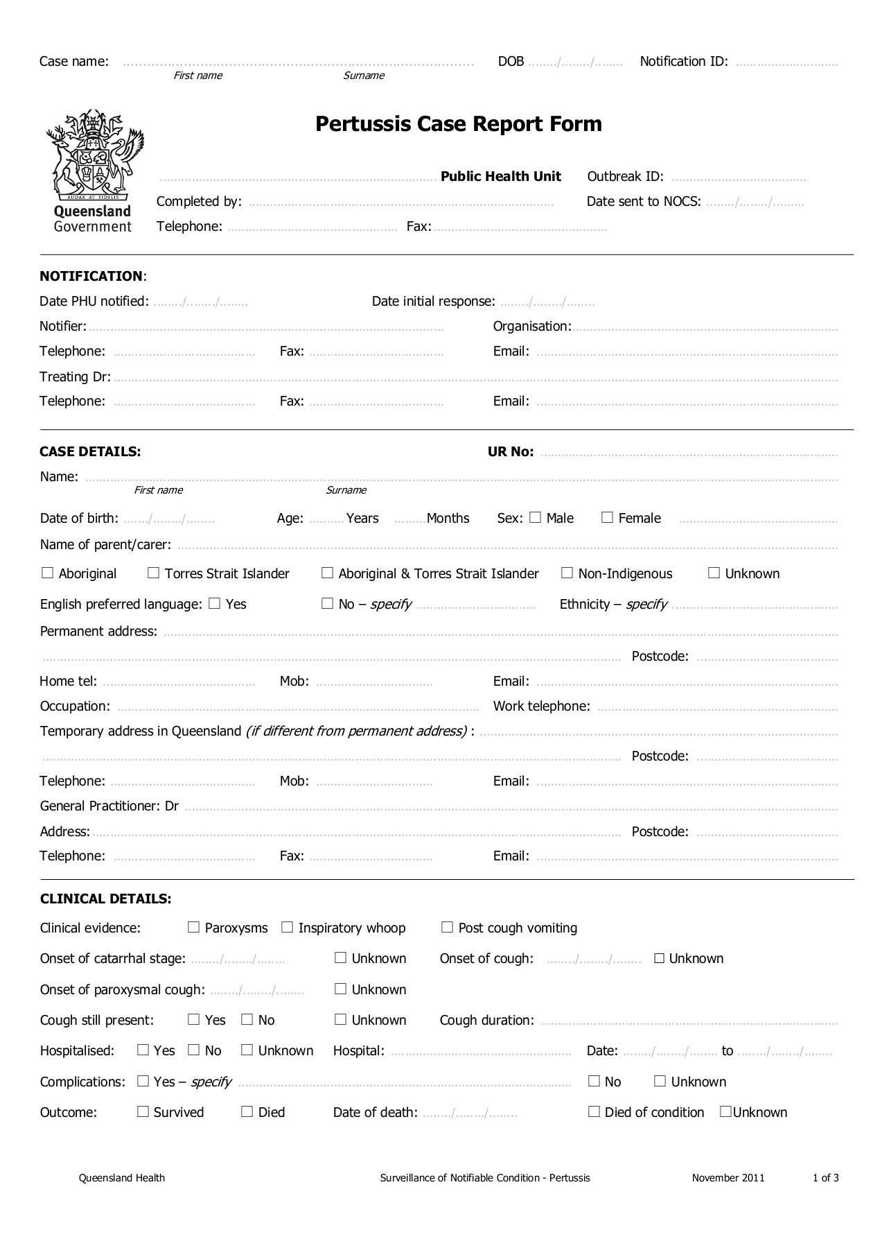 Pertussis Case Report Form – Queensland Health With Case Report Form Template