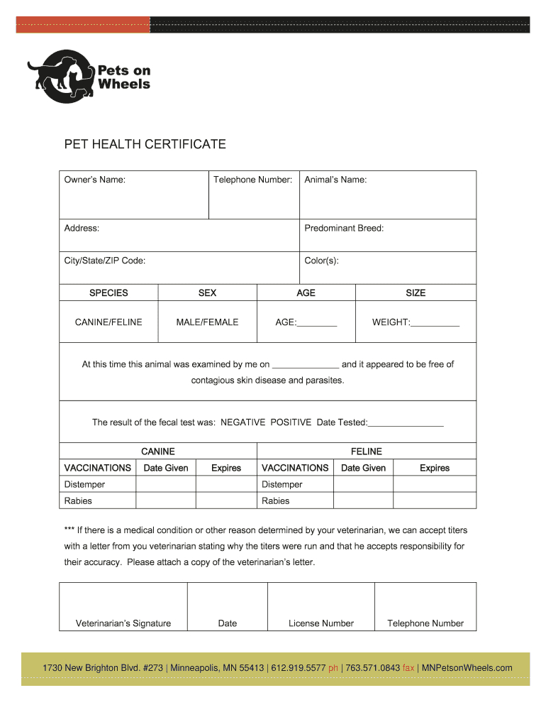 Pet Health Certificate Template – Fill Online, Printable In Veterinary Health Certificate Template