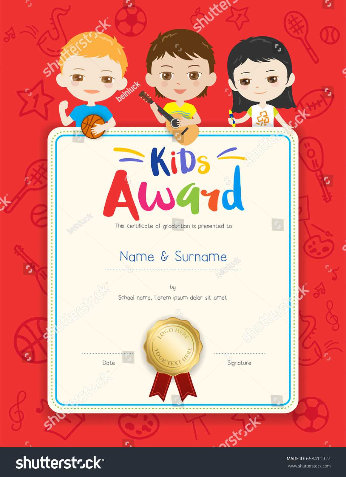 Portrait Colorful Kids Award Diploma Certificate Stock Regarding Certificate Of Achievement Template For Kids