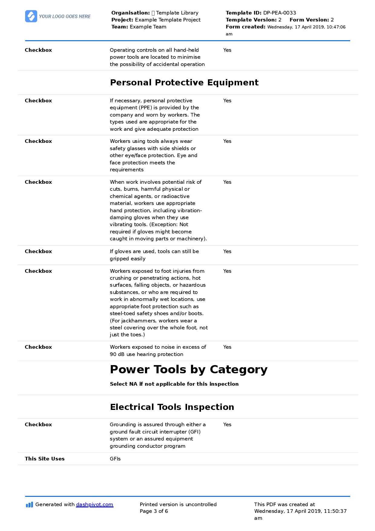 Power Tool Inspection Checklist Template (Free And Edtaible With Regard To Equipment Fault Report Template