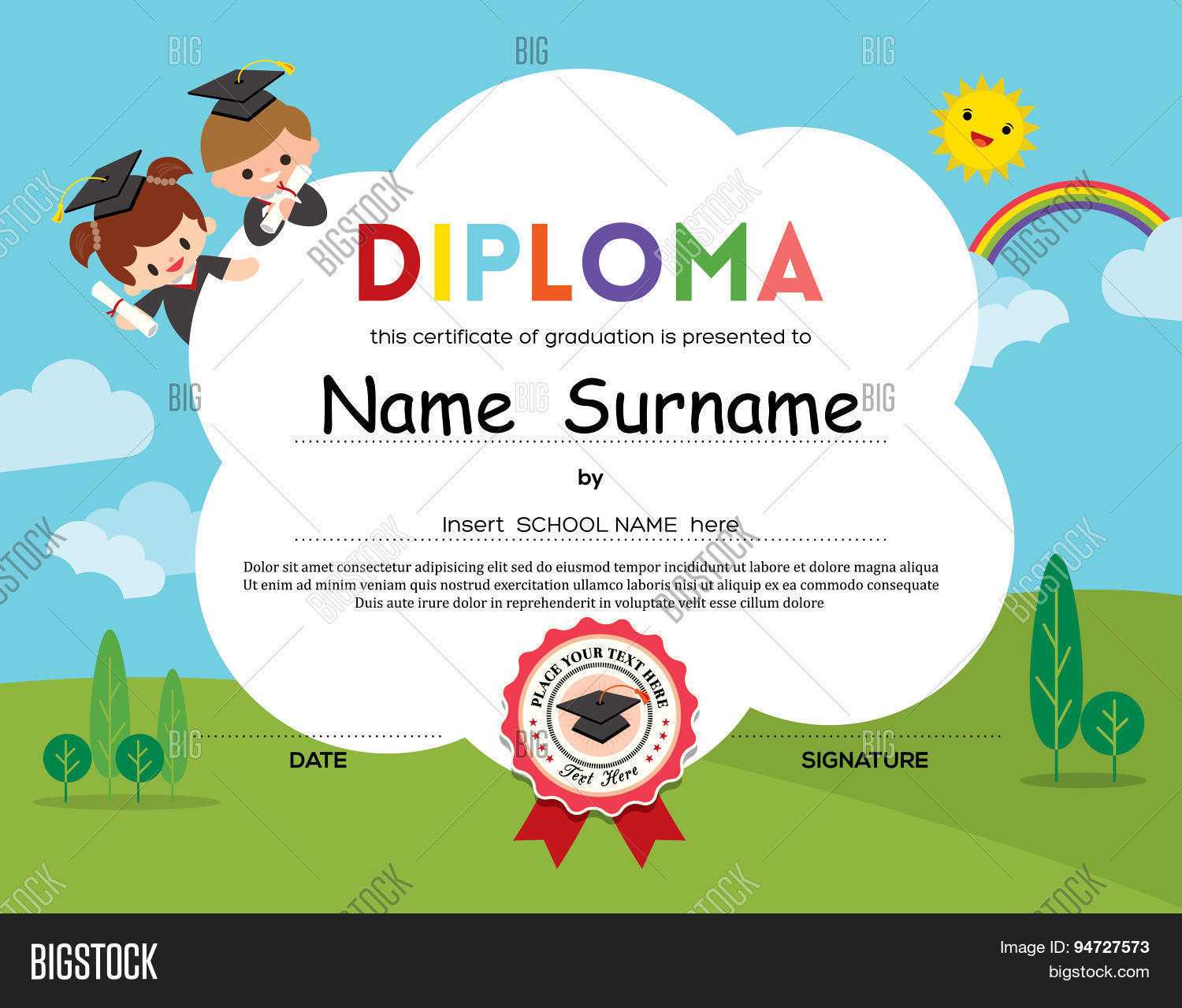 Preschool Elementary Vector & Photo (Free Trial) | Bigstock Intended For Preschool Graduation Certificate Template Free