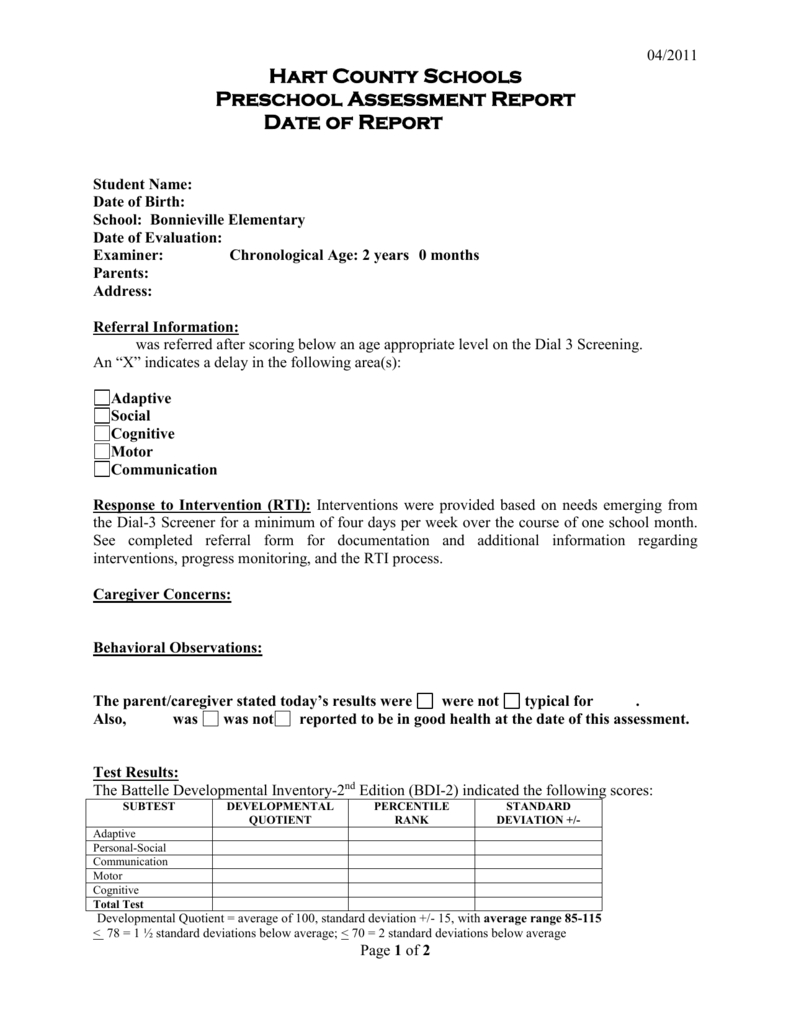 Preschool Evaluation Report Template With Intervention Report Template