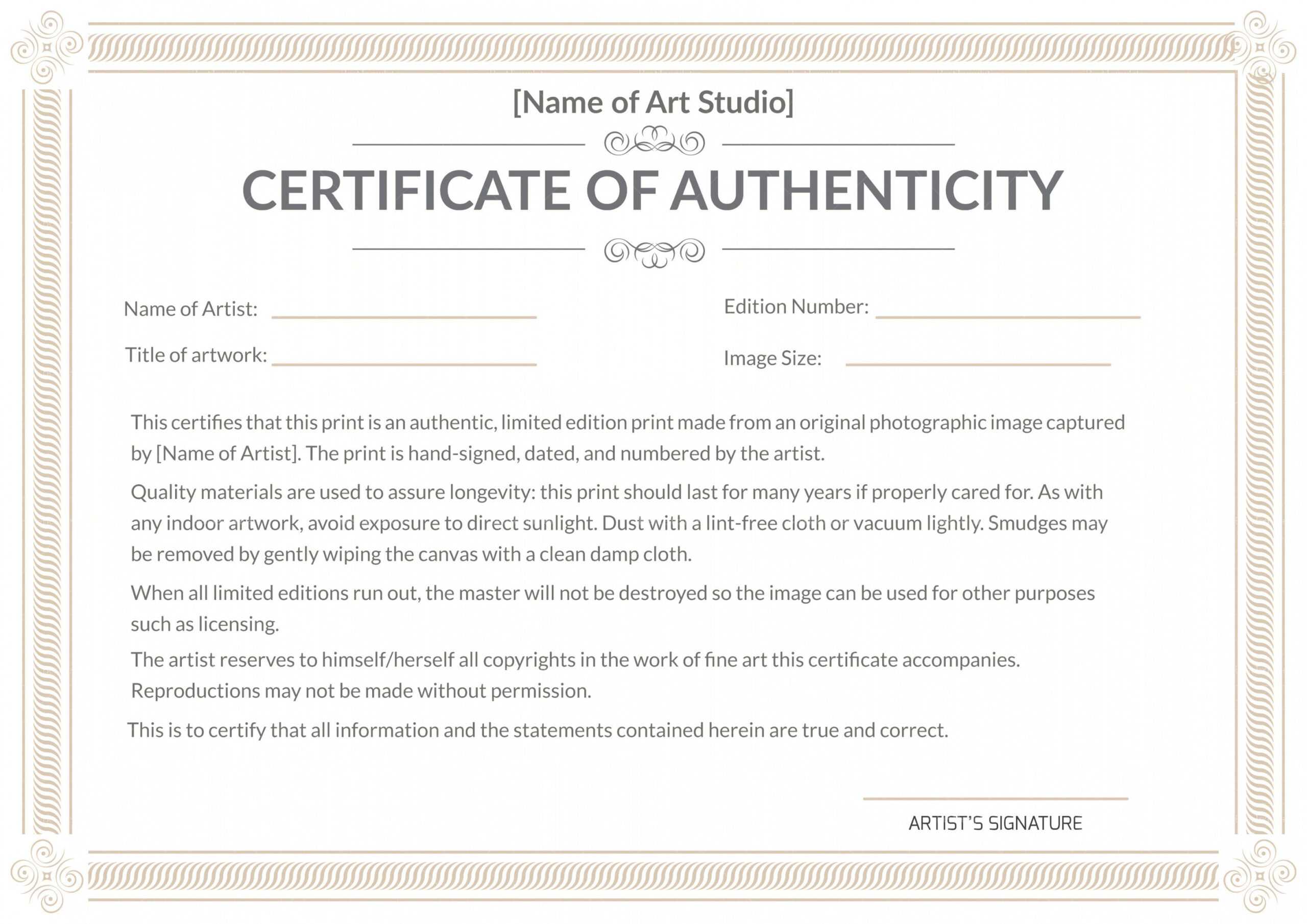 Printable Art Certificate Of Authenticity Template 12 Within Certificate Of Authenticity Template