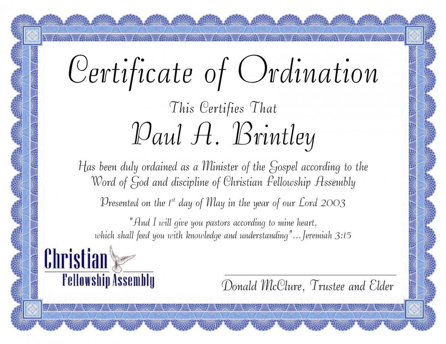 Printable Church Ordination Certificates Templates Inside Ordination Certificate Templates